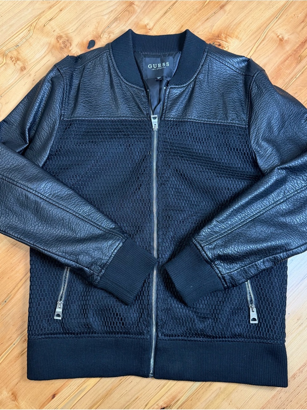 GUESS Men’s Black Faux Leather Mesh Bomber Jacket Size M
